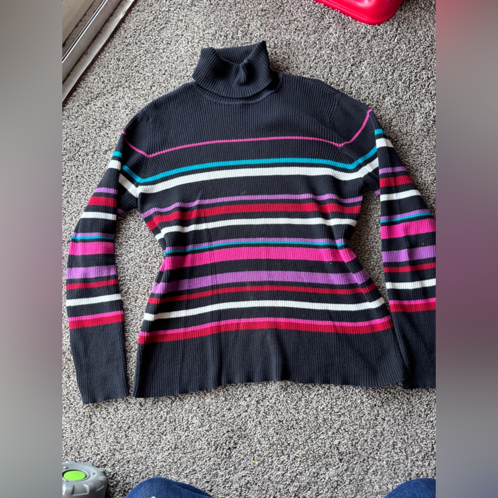 Karen Scott Black Turtleneck Sweater with Pink, Purple, Teal & White Stripes